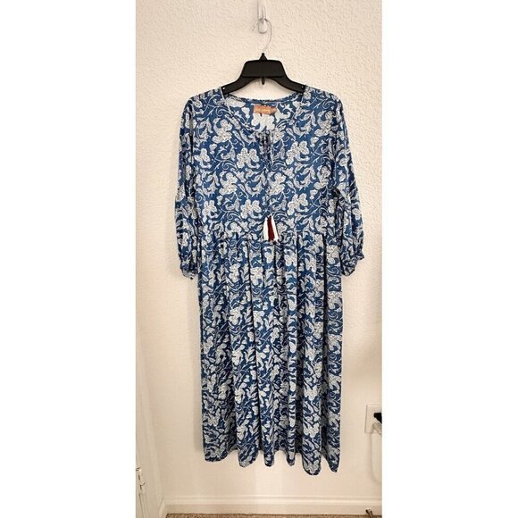 Shae by Sassafras Women's Blue/White Floral 3/4 Sleeves Tasseled Sundress. XL - Picture 2 of 10